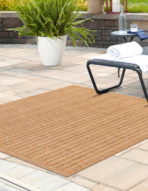 Light Brown 5' 3 x 5' 3 Outdoor Border Square Area Rug Weather Resistant for Patio, Deck, Terrace, Balcony, Porch 100% Polypropylene Classic Bordered Carpet for Sale at Rug Engine