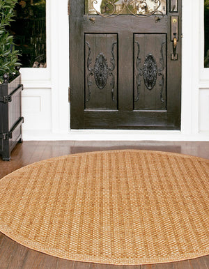 Light Brown 7' 10 x 7' 10 Outdoor Border Round Area Rug Weather Resistant for Patio, Deck, Terrace, Balcony, Porch 100% Polypropylene Classic Bordered Carpet for Sale at Rug Engine