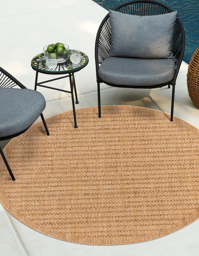 Light Brown 7' 10 x 7' 10 Outdoor Border Round Area Rug Weather Resistant for Patio, Deck, Terrace, Balcony, Porch 100% Polypropylene Classic Bordered Carpet for Sale at Rug Engine