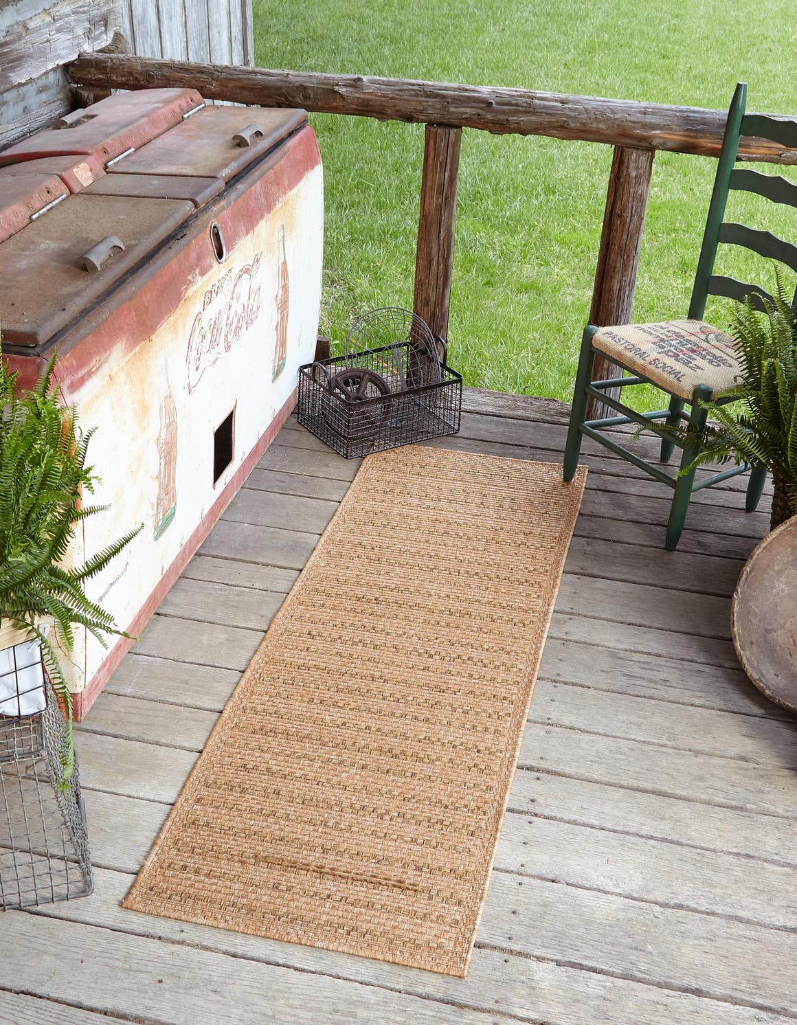 Light Brown 2' x 8' Outdoor Border Runner Area Rug Weather Resistant for Patio, Deck, Terrace, Balcony, Porch 100% Polypropylene Classic Bordered Carpet for Sale at Rug Engine