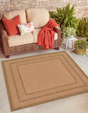 Tan 6' 1 x 6' 1 Outdoor Border Square Rug