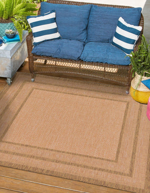 Tan 6' 1 x 6' 1 Outdoor Border Square Rug