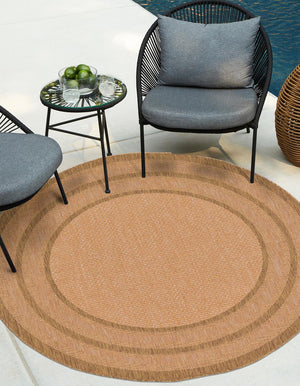 Tan 6' 1 x 6' 1 Outdoor Border Round Area Rug Weather Resistant for Patio, Deck, Terrace, Balcony, Porch 100% Polypropylene Classic Bordered Carpet for Sale at Rug Engine
