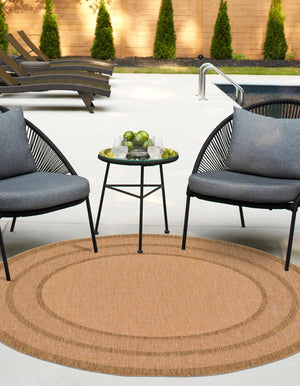Tan 6' 1 x 6' 1 Outdoor Border Round Area Rug Weather Resistant for Patio, Deck, Terrace, Balcony, Porch 100% Polypropylene Classic Bordered Carpet for Sale at Rug Engine