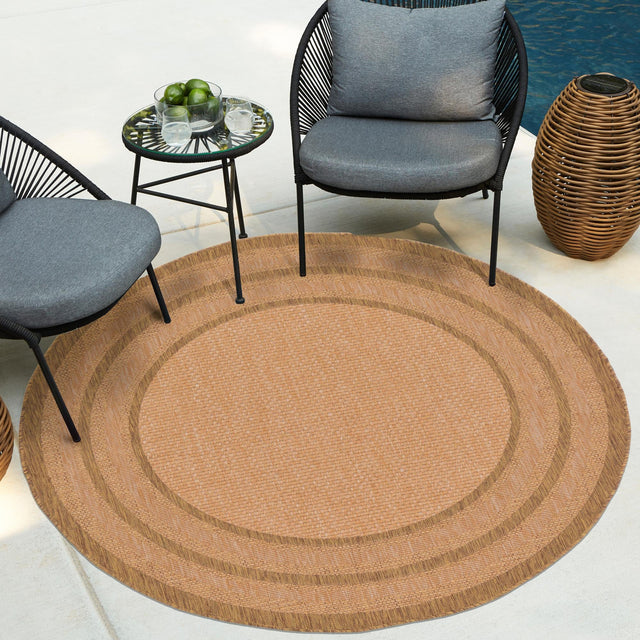 Tan 6' 1 x 6' 1 Outdoor Border Round Area Rug Weather Resistant for Patio, Deck, Terrace, Balcony, Porch 100% Polypropylene Classic Bordered Carpet for Sale at Rug Engine