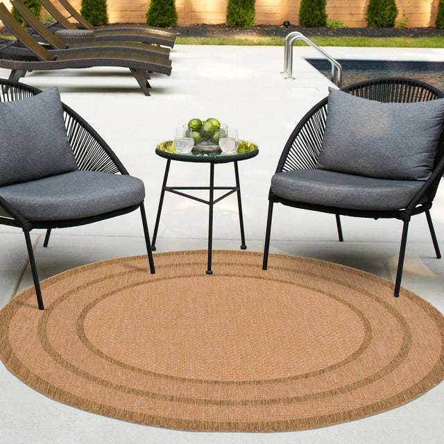 Tan 6' 1 x 6' 1 Outdoor Border Round Area Rug Weather Resistant for Patio, Deck, Terrace, Balcony, Porch 100% Polypropylene Classic Bordered Carpet for Sale at Rug Engine