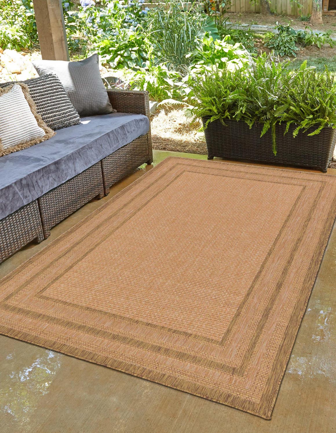 Tan 6' 1 x 9' Outdoor Border Rectangle Area Rug Weather Resistant for Patio, Deck, Terrace, Balcony, Porch 100% Polypropylene Classic Bordered Carpet for Sale at Rug Engine