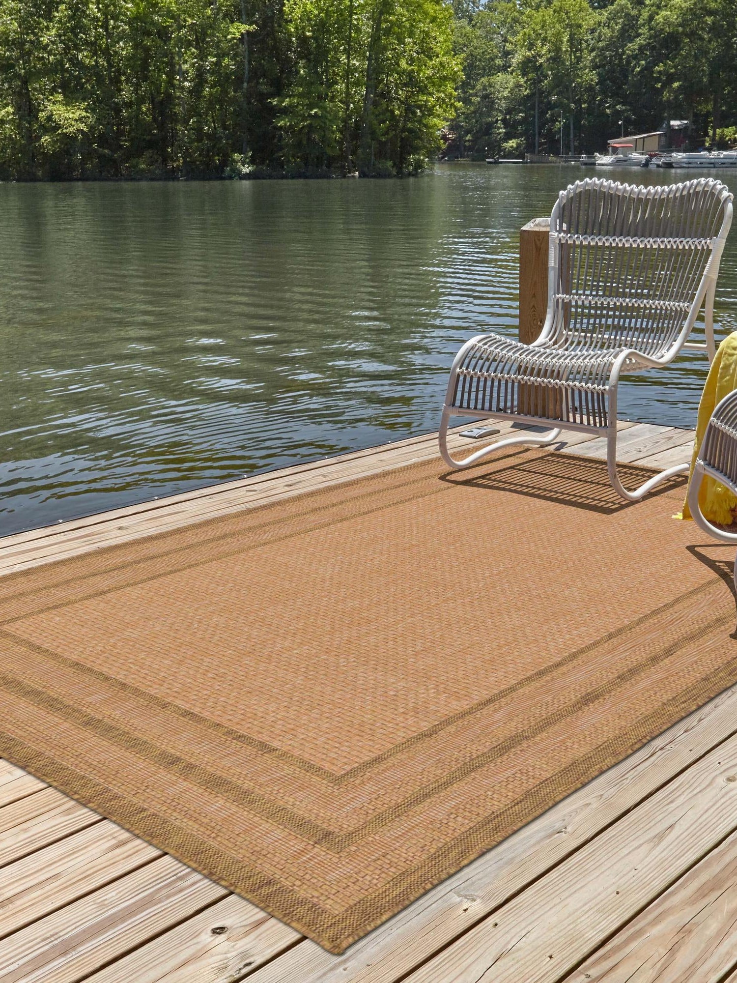 Tan 4' 1 x 6' 1 Outdoor Border Rectangle Area Rug Weather Resistant for Patio, Deck, Terrace, Balcony, Porch