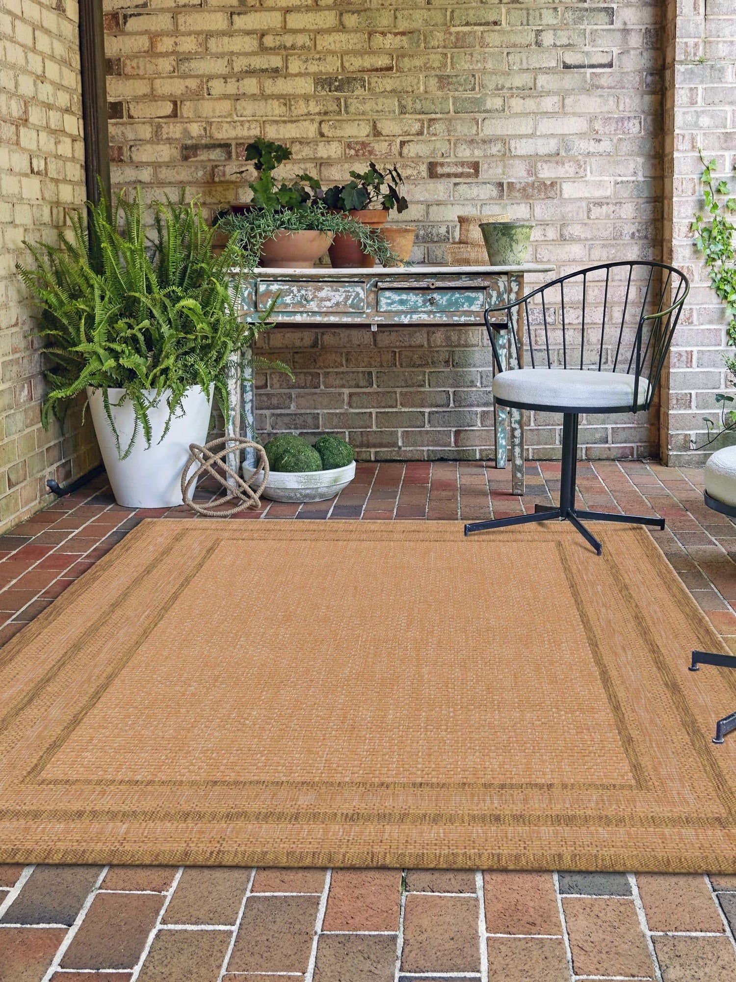 Tan 4' 1 x 6' 1 Outdoor Border Rectangle Area Rug Weather Resistant for Patio, Deck, Terrace, Balcony, Porch