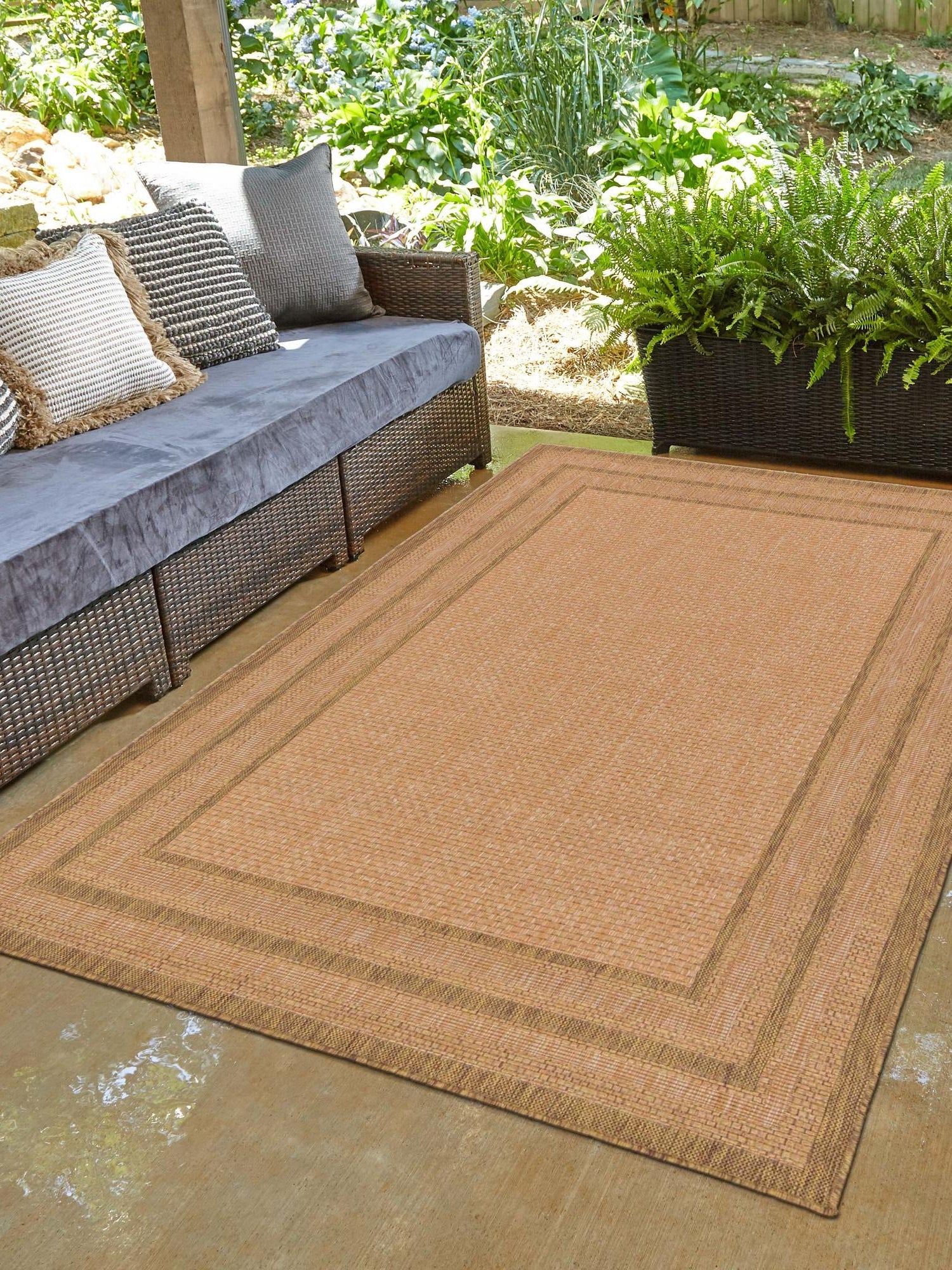 Tan 2' 2 x 3' Outdoor Border Rectangle Area Rug Weather Resistant for Patio, Deck, Terrace, Balcony, Porch 100% Polypropylene Classic Bordered Carpet for Sale at Rug Engine