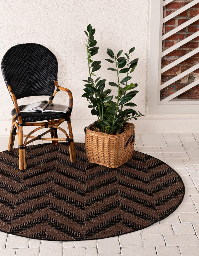 Brown 6' 1 x 6' 1 Outdoor Modern Round Area Rug Weather Resistant for Patio, Deck, Terrace, Balcony, Porch 100% Polypropylene Modern Outside Carpet for Sale at Rug Engine