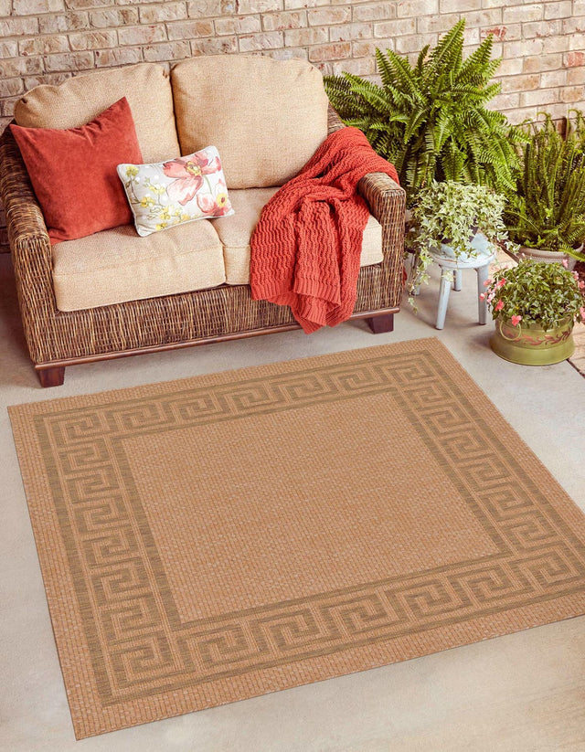 Light Brown 6' 1 x 6' 1 Outdoor Border Square Area Rug Weather Resistant for Patio, Deck, Terrace, Balcony, Porch 100% Polypropylene Classic Bordered Carpet for Sale at Rug Engine