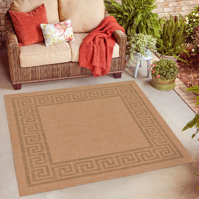 Light Brown 6' 1 x 6' 1 Outdoor Border Square Area Rug Weather Resistant for Patio, Deck, Terrace, Balcony, Porch 100% Polypropylene Classic Bordered Carpet for Sale at Rug Engine