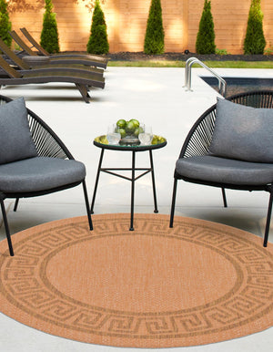 Light Brown 6' 1 x 6' 1 Outdoor Border Round Area Rug Weather Resistant for Patio, Deck, Terrace, Balcony, Porch 100% Polypropylene Classic Bordered Carpet for Sale at Rug Engine