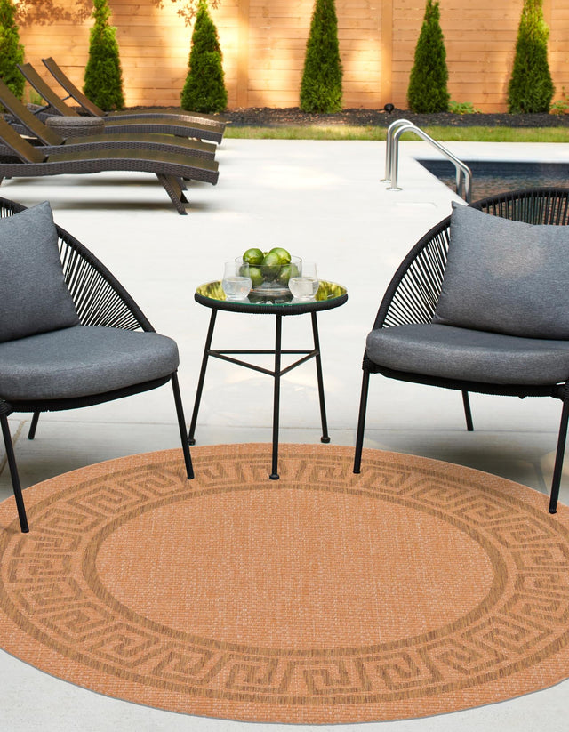Light Brown 6' 1 x 6' 1 Outdoor Border Round Area Rug Weather Resistant for Patio, Deck, Terrace, Balcony, Porch 100% Polypropylene Classic Bordered Carpet for Sale at Rug Engine