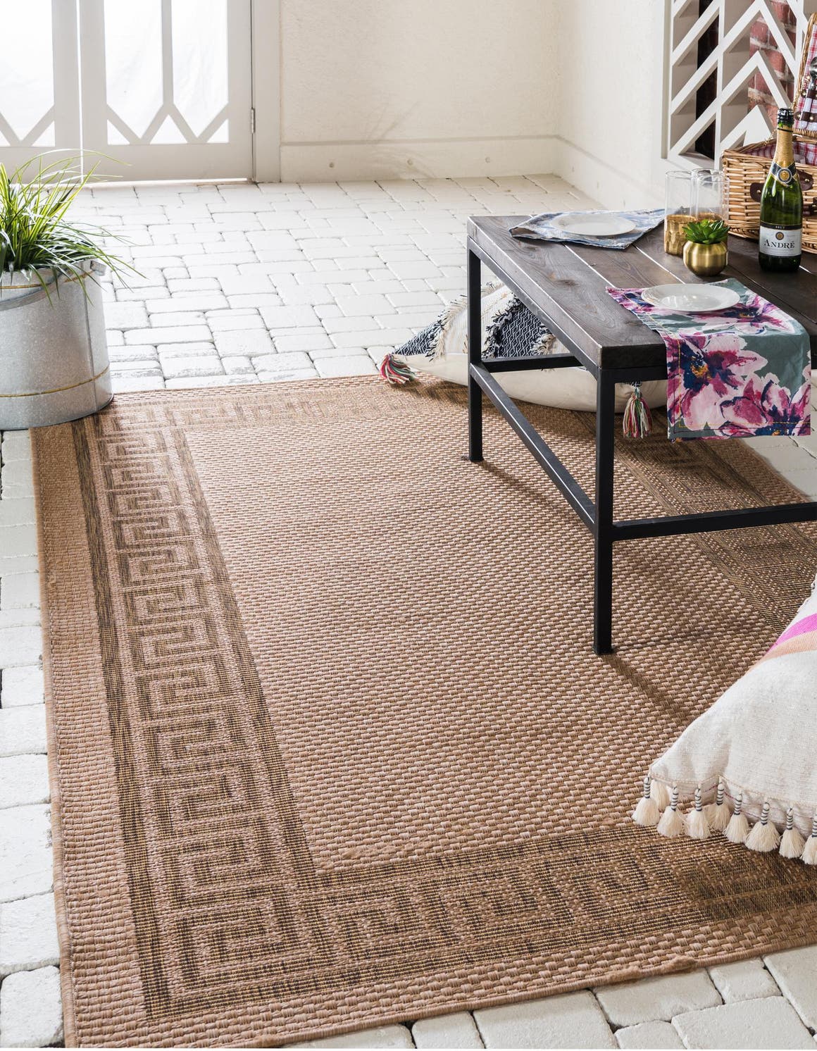 Light Brown 6' 1 x 9' Outdoor Border Rectangle Area Rug Weather Resistant for Patio, Deck, Terrace, Balcony, Porch 100% Polypropylene Classic Bordered Carpet for Sale at Rug Engine