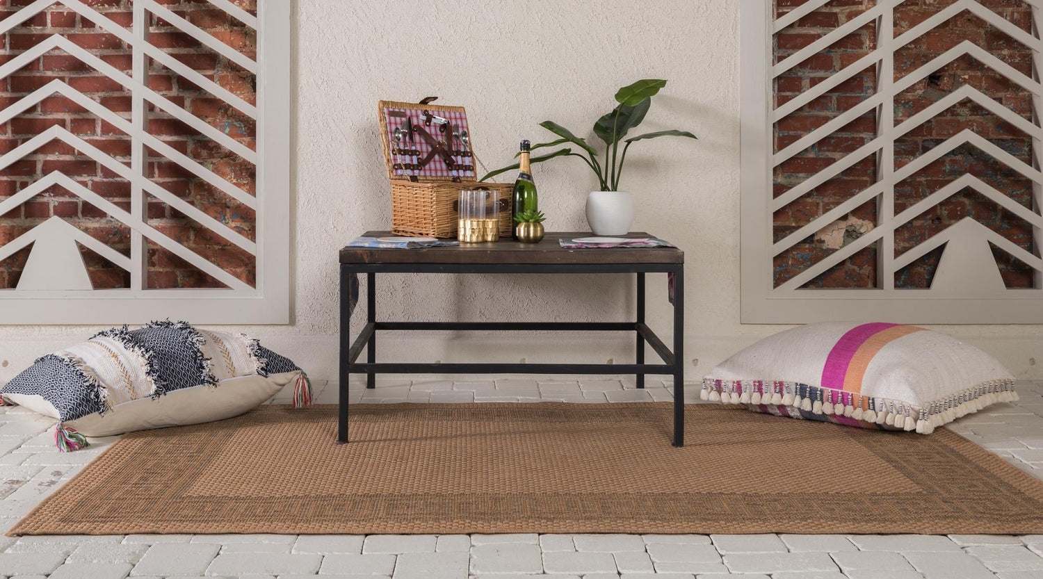 Light Brown 6' 1 x 9' Outdoor Border Rectangle Area Rug Weather Resistant for Patio, Deck, Terrace, Balcony, Porch 100% Polypropylene Classic Bordered Carpet for Sale at Rug Engine