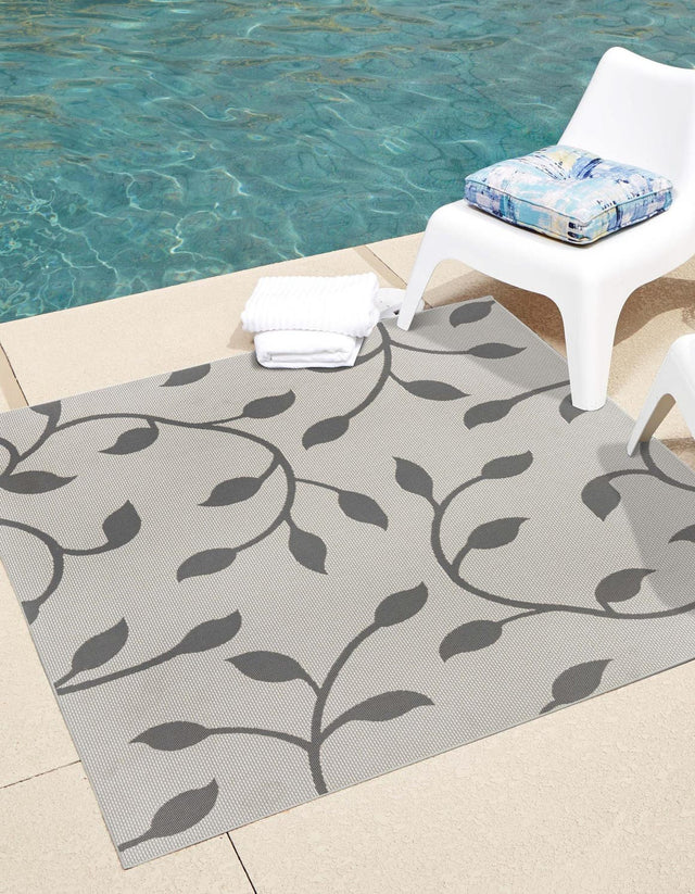 Gray 6' 1 x 6' 1 Outdoor Botanical Square Area Rug Weather Resistant for Patio, Deck, Terrace, Balcony, Porch Polypropylene Garden Floral Tropical Carpet for Sale at Rug Engine