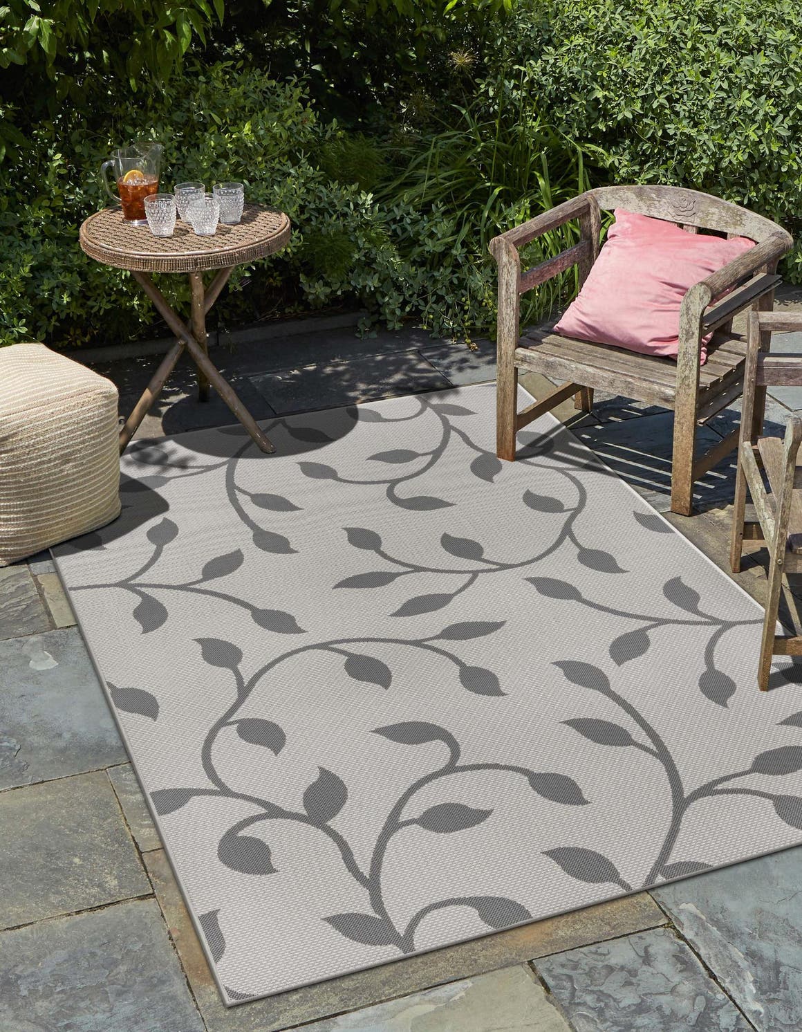 Gray 3' 3 x 5' 1 Outdoor Botanical Rectangle Area Rug Weather Resistant for Patio, Deck, Terrace, Balcony, Porch Polypropylene Garden Floral Tropical Carpet for Sale at Rug Engine