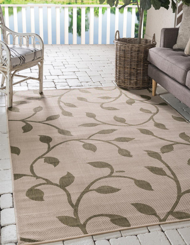 Beige 5' 3 x 8' Outdoor Botanical Rectangle Area Rug Weather Resistant for Patio, Deck, Terrace, Balcony, Porch Polypropylene Garden Floral Tropical Carpet for Sale at Rug Engine