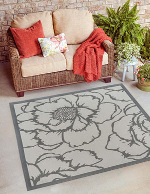 Gray 6' 1 x 6' 1 Outdoor Botanical Square Area Rug Weather Resistant for Patio, Deck, Terrace, Balcony, Porch Polypropylene Garden Floral Tropical Carpet for Sale at Rug Engine