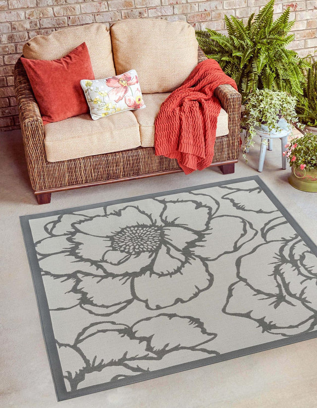 Gray 6' 1 x 6' 1 Outdoor Botanical Square Area Rug Weather Resistant for Patio, Deck, Terrace, Balcony, Porch Polypropylene Garden Floral Tropical Carpet for Sale at Rug Engine