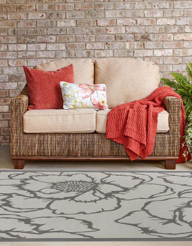 Gray 6' 1 x 6' 1 Outdoor Botanical Square Area Rug Weather Resistant for Patio, Deck, Terrace, Balcony, Porch Polypropylene Garden Floral Tropical Carpet for Sale at Rug Engine