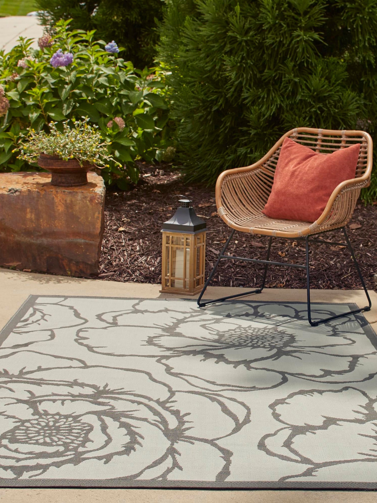 Gray 5' 3 x 8' Outdoor Botanical Rectangle Area Rug Weather Resistant for Patio, Deck, Terrace, Balcony, Porch Polypropylene Garden Floral Tropical Carpet for Sale at Rug Engine