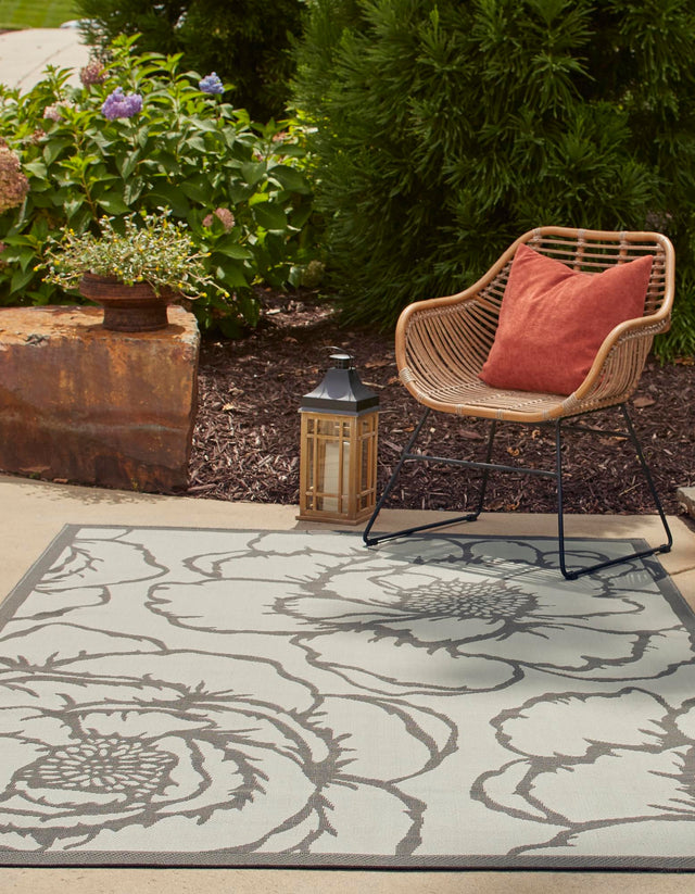 Gray 5' 3 x 8' Outdoor Botanical Rectangle Area Rug Weather Resistant for Patio, Deck, Terrace, Balcony, Porch Polypropylene Garden Floral Tropical Carpet for Sale at Rug Engine