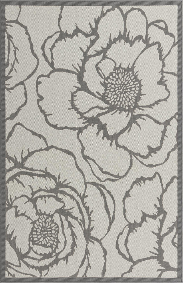 Gray 5' 3 x 8' Outdoor Botanical Rectangle Area Rug Weather Resistant for Patio, Deck, Terrace, Balcony, Porch Polypropylene Garden Floral Tropical Carpet for Sale at Rug Engine