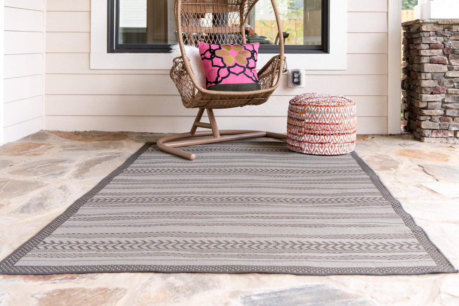 Gray 8' x 11' 4 Outdoor Border Rectangle Area Rug Weather Resistant for Patio, Deck, Terrace, Balcony, Porch 100% Polypropylene Classic Bordered Carpet for Sale at Rug Engine
