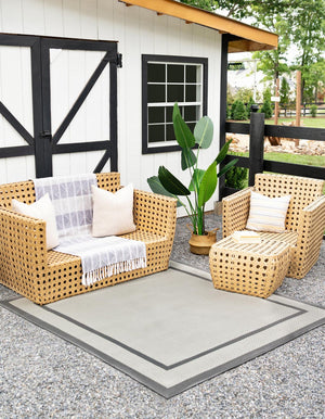 Gray 6' 1 x 6' 1 Outdoor Border Square Area Rug Weather Resistant for Patio, Deck, Terrace, Balcony, Porch