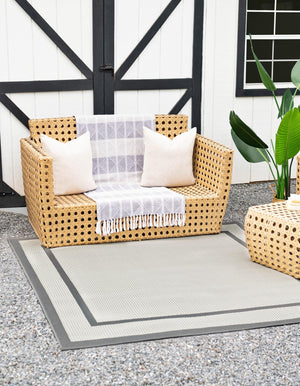 Gray 6' 1 x 6' 1 Outdoor Border Square Area Rug Weather Resistant for Patio, Deck, Terrace, Balcony, Porch