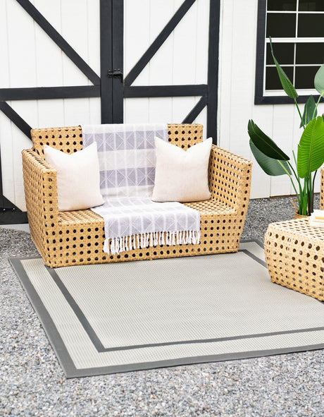 Gray 6' 1 x 6' 1 Outdoor Border Square Area Rug Weather Resistant for Patio, Deck, Terrace, Balcony, Porch