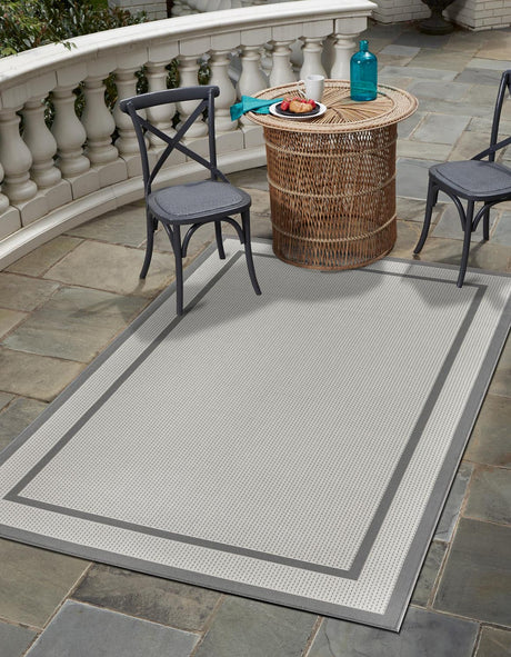 Gray 5' 3 x 8' Outdoor Border Rectangle Area Rug Weather Resistant for Patio, Deck, Terrace, Balcony, Porch