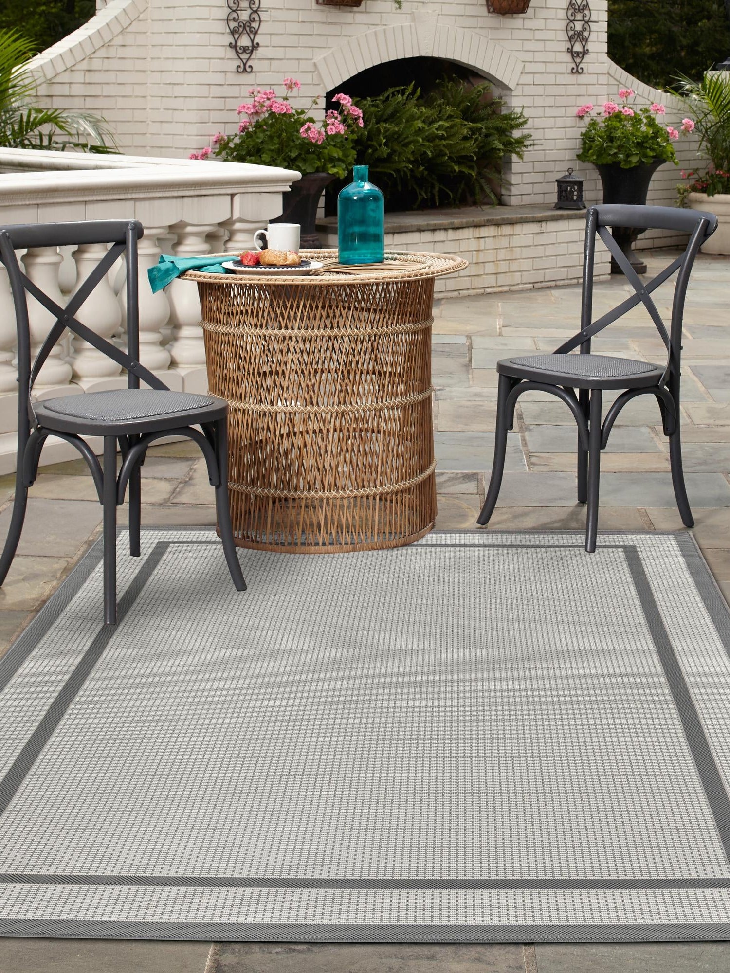 Gray 7' 1 x 10' Outdoor Border Rectangle Area Rug Weather Resistant for Patio, Deck, Terrace, Balcony, Porch 100% Polypropylene Classic Bordered Carpet for Sale at Rug Engine