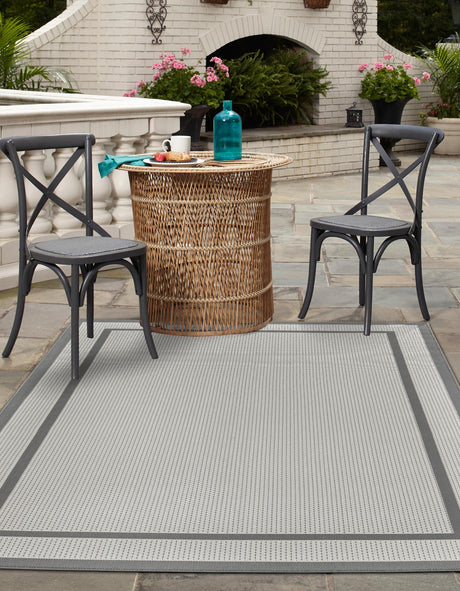 Gray 5' 3 x 8' Outdoor Border Rectangle Area Rug Weather Resistant for Patio, Deck, Terrace, Balcony, Porch