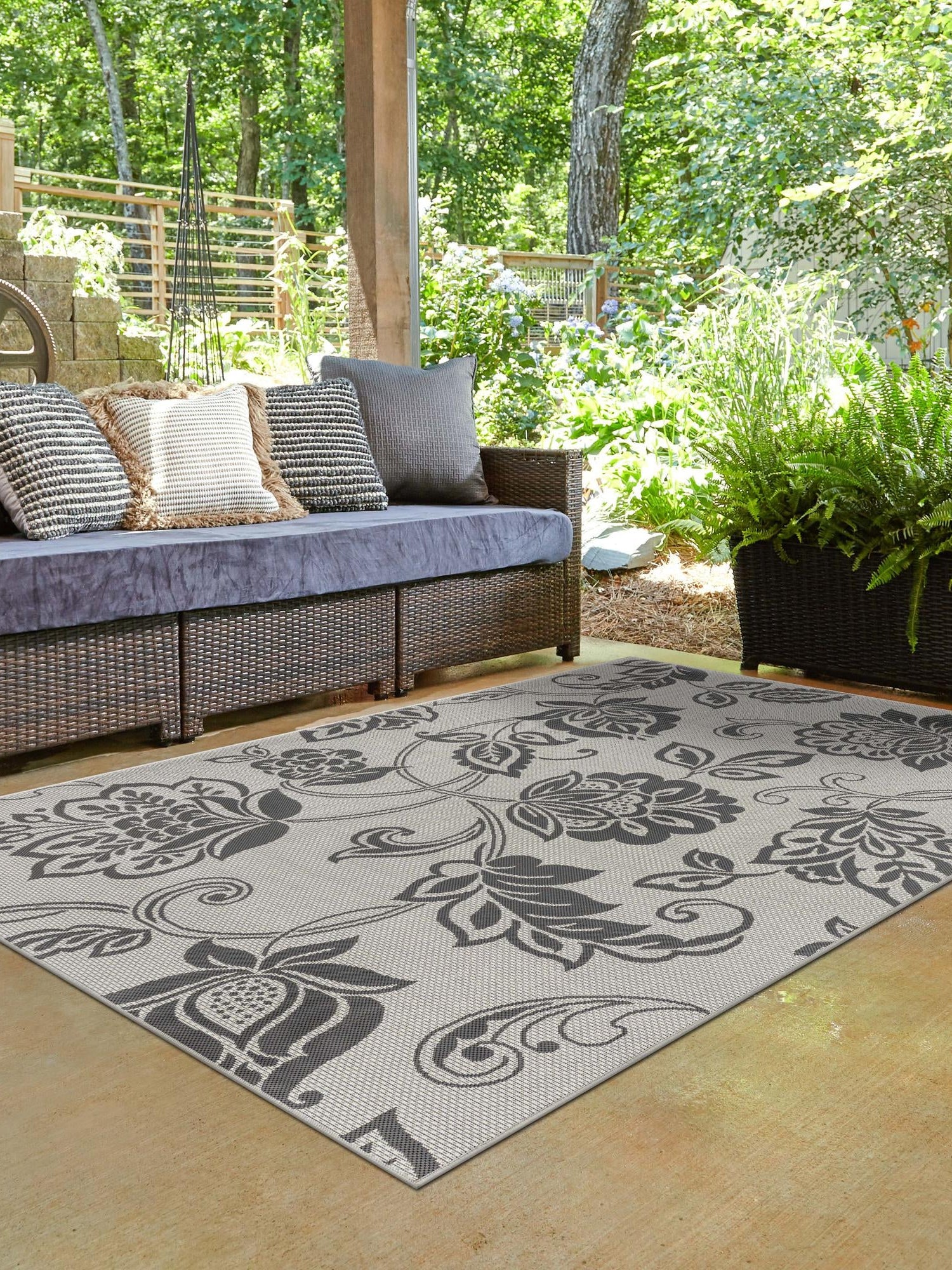 Gray 5' 3 x 8' Outdoor Botanical Rectangle Area Rug Weather Resistant for Patio, Deck, Terrace, Balcony, Porch Polypropylene Garden Floral Tropical Carpet for Sale at Rug Engine