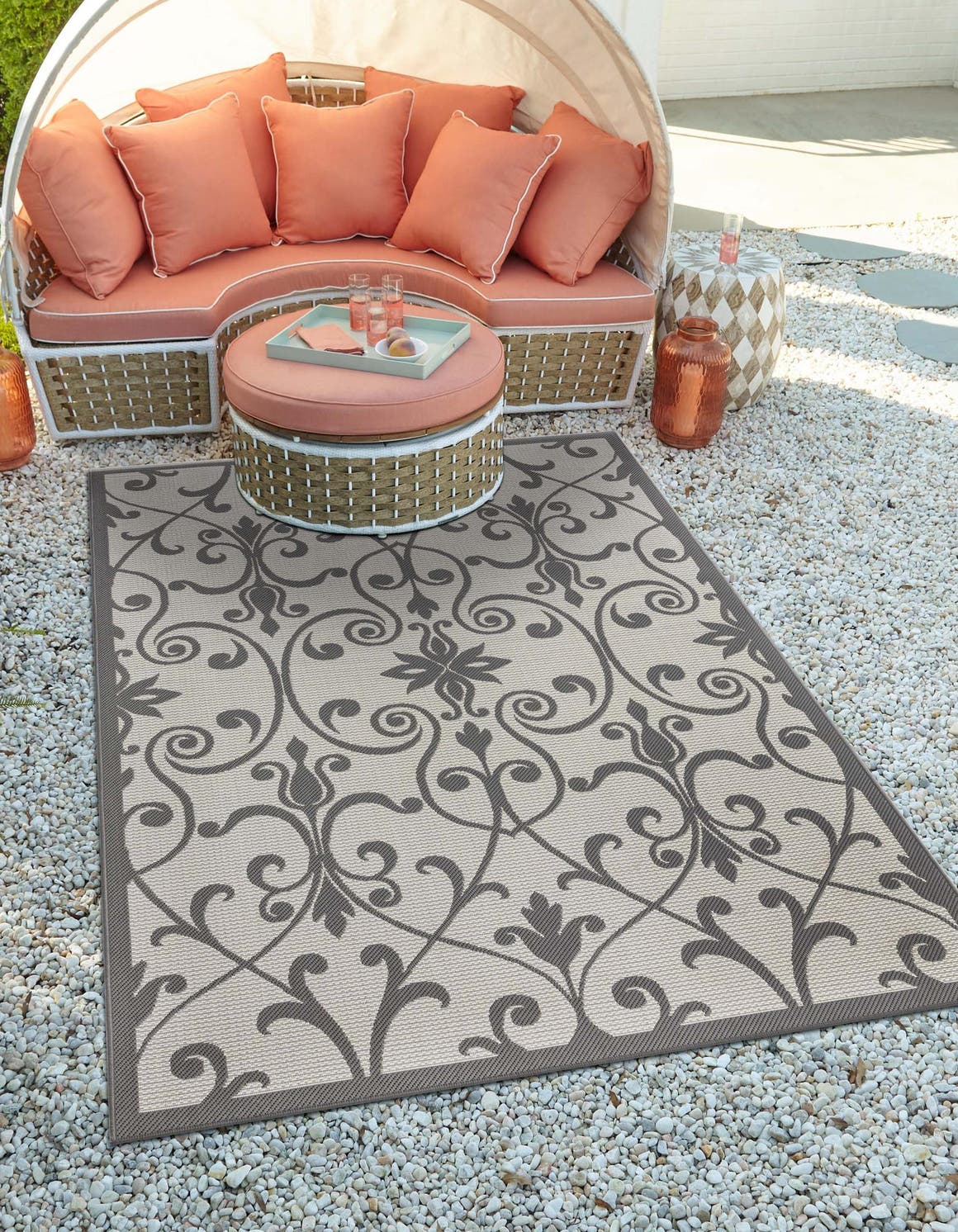 Gray 6' 1 x 9' Outdoor Botanical Rectangle Area Rug Weather Resistant for Patio, Deck, Terrace, Balcony, Porch Polypropylene Garden Floral Tropical Carpet for Sale at Rug Engine