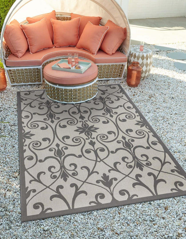 Gray 2' 2 x 3' 1 Outdoor Botanical Rectangle Area Rug Weather Resistant for Patio, Deck, Terrace, Balcony, Porch