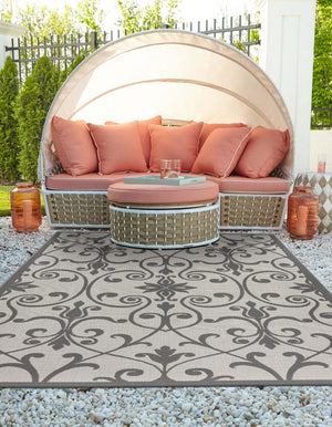 Gray 6' 1 x 9' Outdoor Botanical Rectangle Area Rug Weather Resistant for Patio, Deck, Terrace, Balcony, Porch Polypropylene Garden Floral Tropical Carpet for Sale at Rug Engine