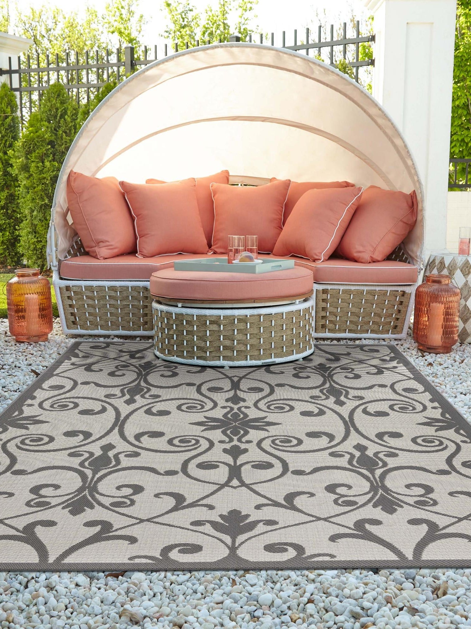 Gray 2' 2 x 3' 1 Outdoor Botanical Rectangle Area Rug Weather Resistant for Patio, Deck, Terrace, Balcony, Porch Polypropylene Garden Floral Tropical Carpet for Sale at Rug Engine