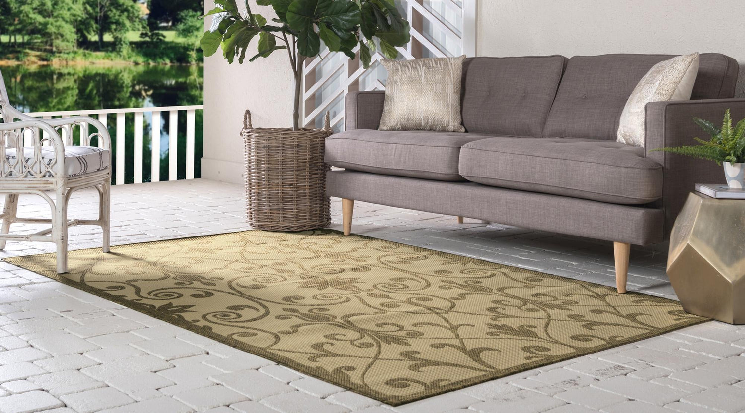 Brown 7' 1 x 10' Outdoor Botanical Rectangle Area Rug Weather Resistant for Patio, Deck, Terrace, Balcony, Porch Polypropylene Garden Floral Tropical Carpet for Sale at Rug Engine