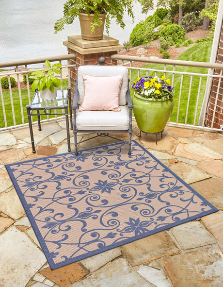 Blue 6' 1 x 6' 1 Outdoor Botanical Square Rug