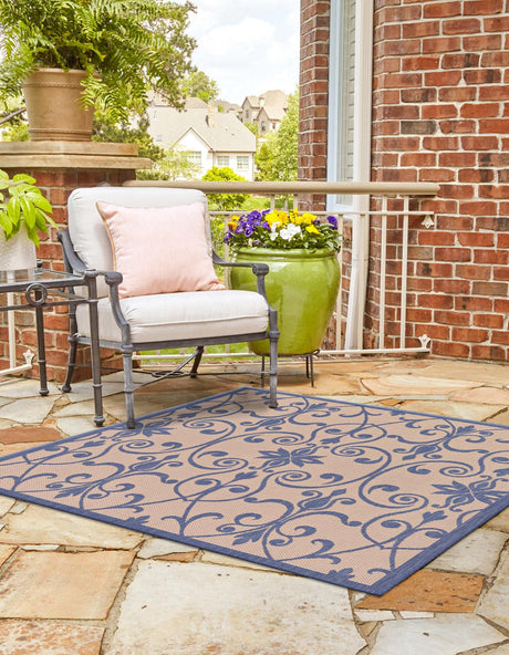 Blue 6' 1 x 6' 1 Outdoor Botanical Square Rug