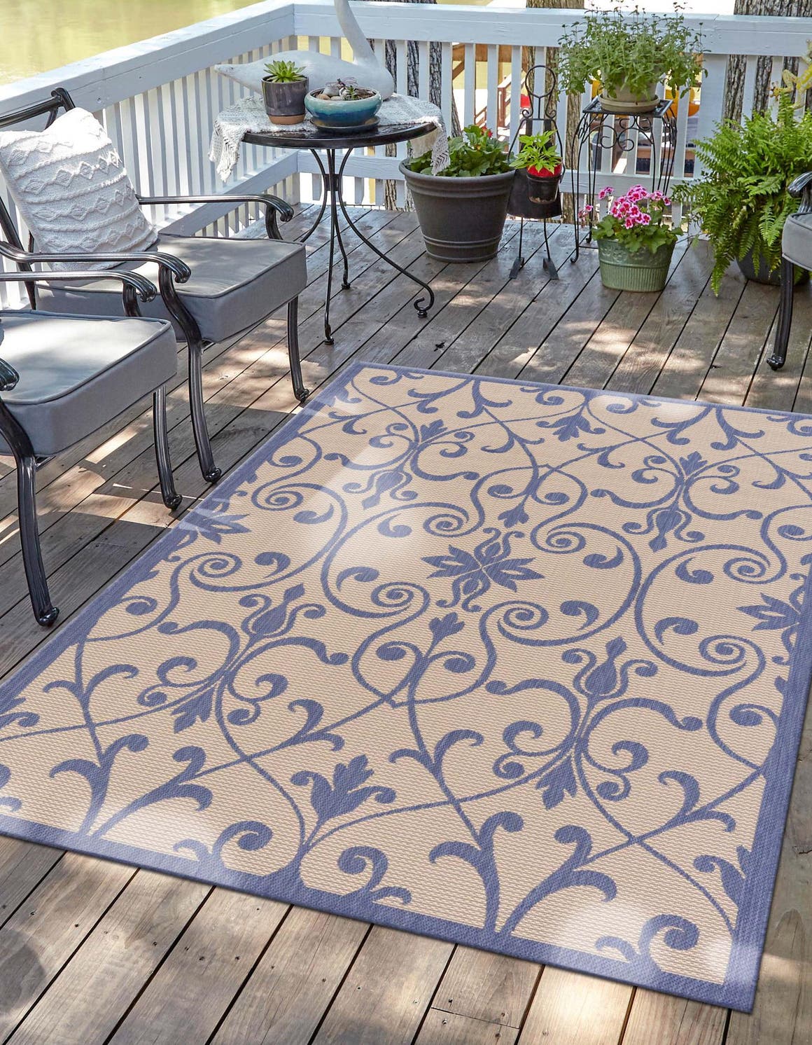 Blue 5' 3 x 8' Outdoor Botanical Rectangle Area Rug Weather Resistant for Patio, Deck, Terrace, Balcony, Porch Polypropylene Garden Floral Tropical Carpet for Sale at Rug Engine