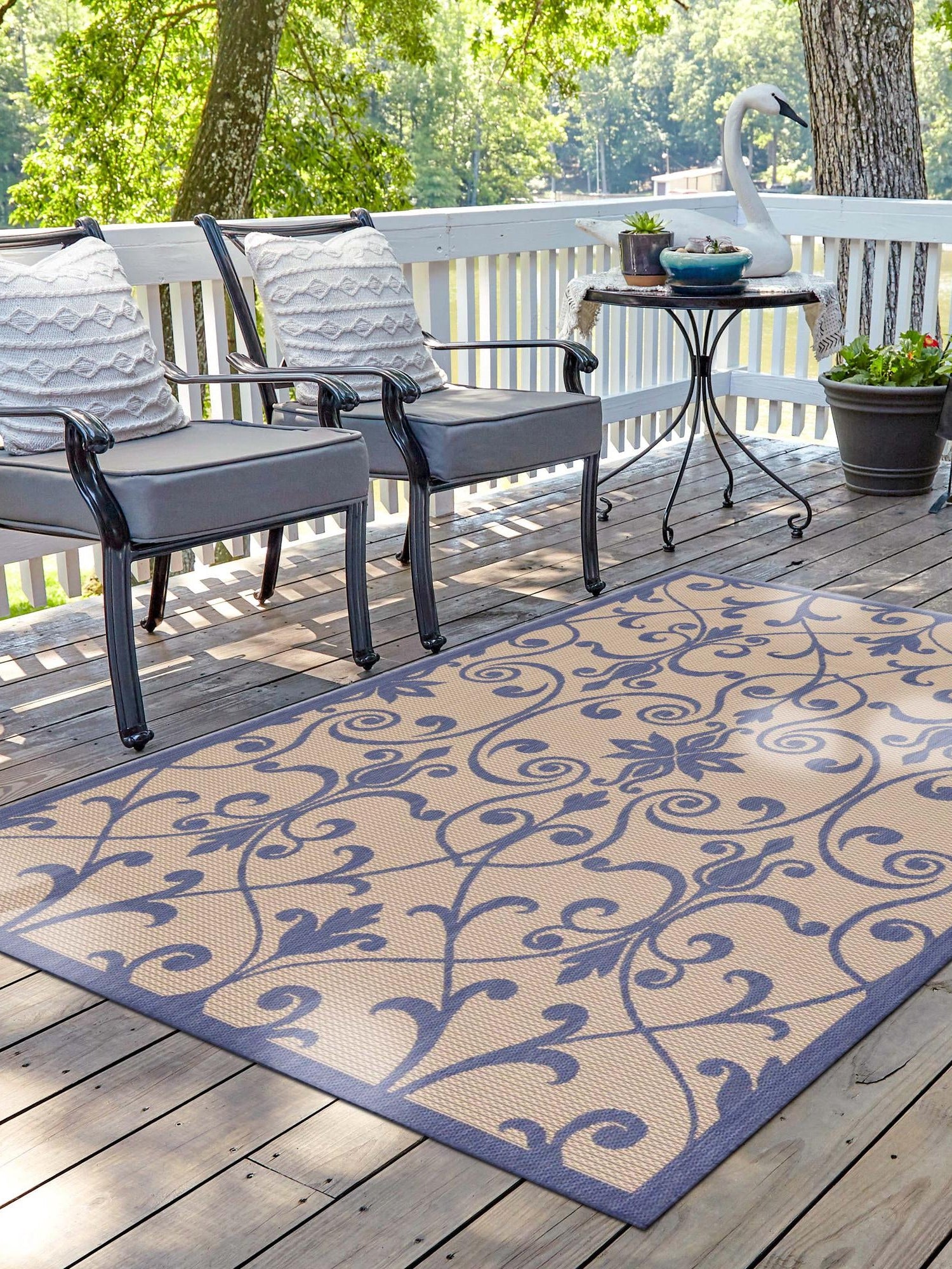 Blue 5' 3 x 8' Outdoor Botanical Rectangle Area Rug Weather Resistant for Patio, Deck, Terrace, Balcony, Porch Polypropylene Garden Floral Tropical Carpet for Sale at Rug Engine