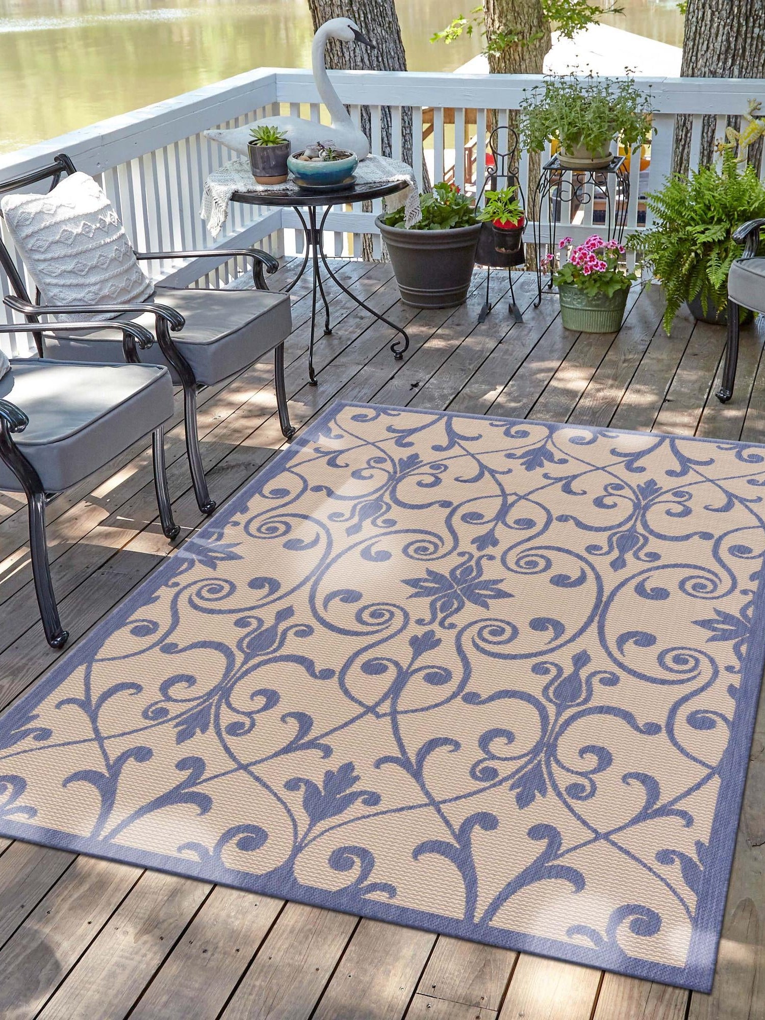 Blue 5' 3 x 8' Outdoor Botanical Rectangle Area Rug Weather Resistant for Patio, Deck, Terrace, Balcony, Porch Polypropylene Garden Floral Tropical Carpet for Sale at Rug Engine