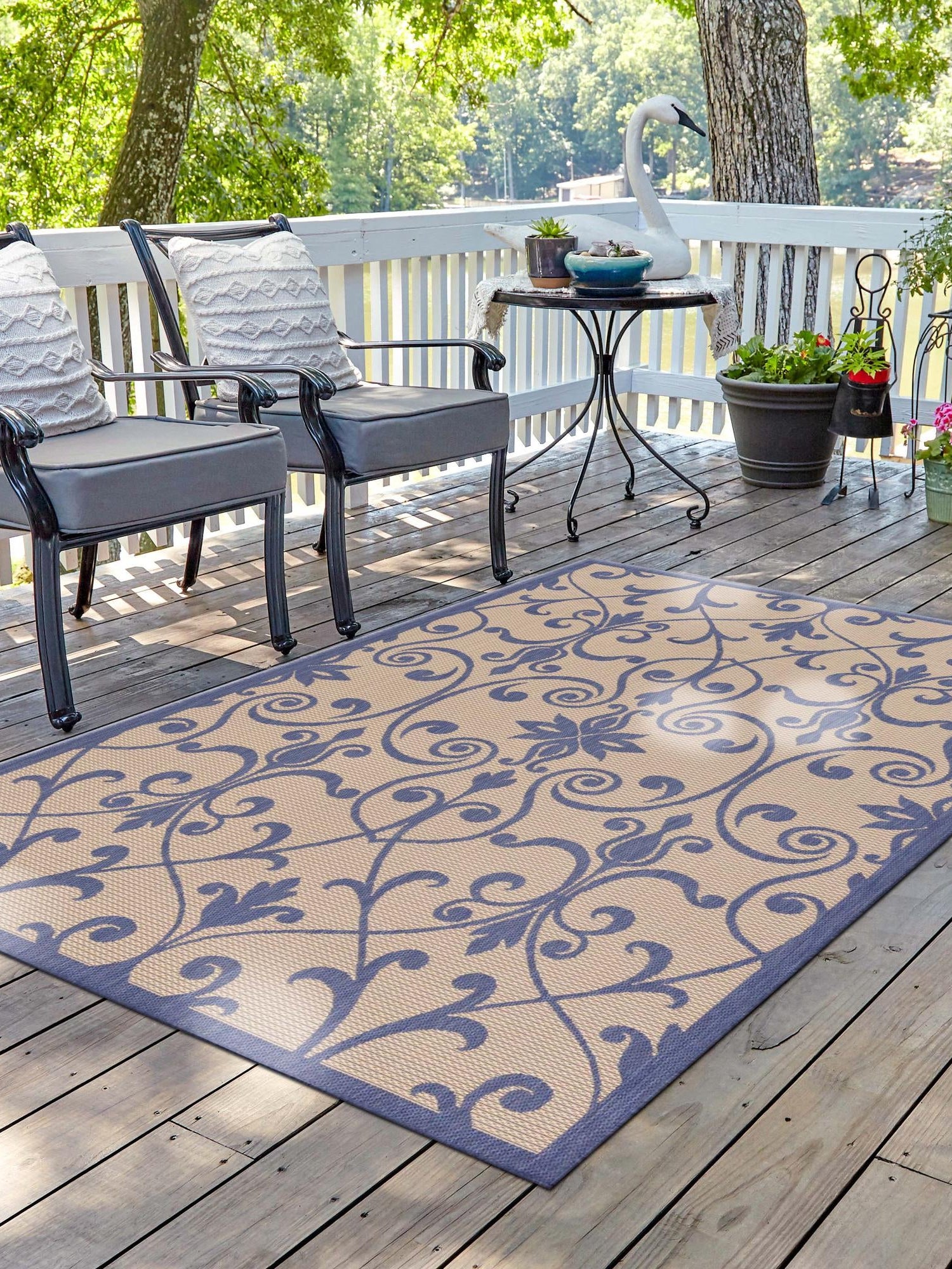 Blue 7' 1 x 10' Outdoor Botanical Rectangle Area Rug Weather Resistant for Patio, Deck, Terrace, Balcony, Porch Polypropylene Garden Floral Tropical Carpet for Sale at Rug Engine
