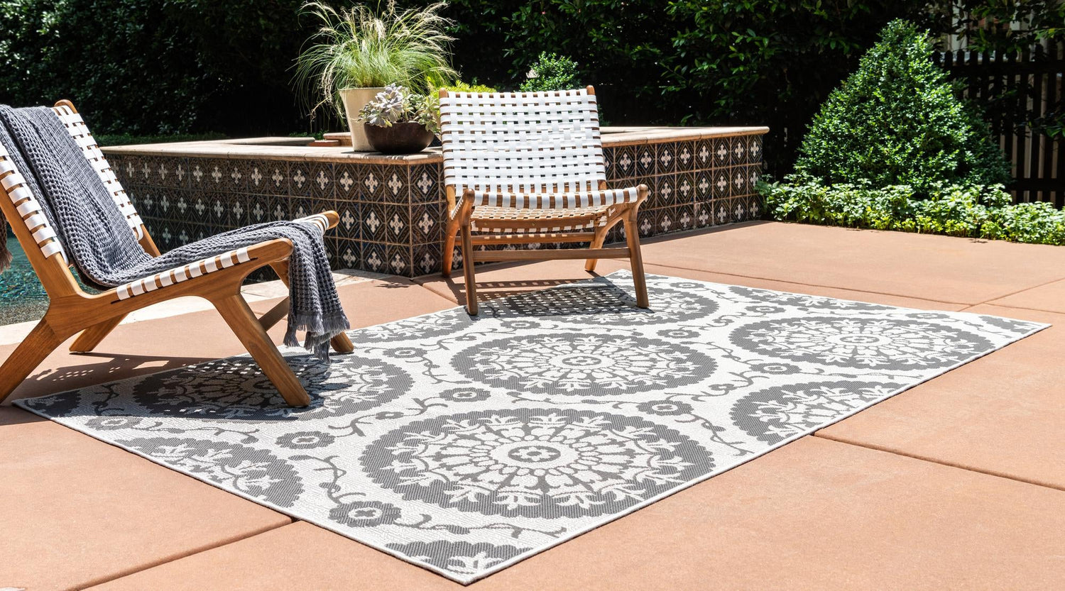 Gray 7' 1 x 10' Outdoor Botanical Rectangle Area Rug Weather Resistant for Patio, Deck, Terrace, Balcony, Porch Polypropylene Garden Floral Tropical Carpet for Sale at Rug Engine